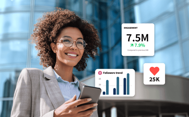 Woman holding a phone surrounded by small charts and graphs