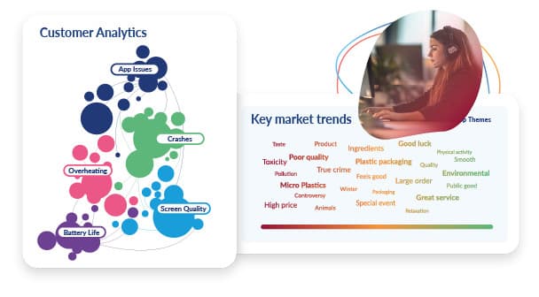 Colorful bubble diagram showing customer analytics data with interconnected circles in blue, green, pink and purple